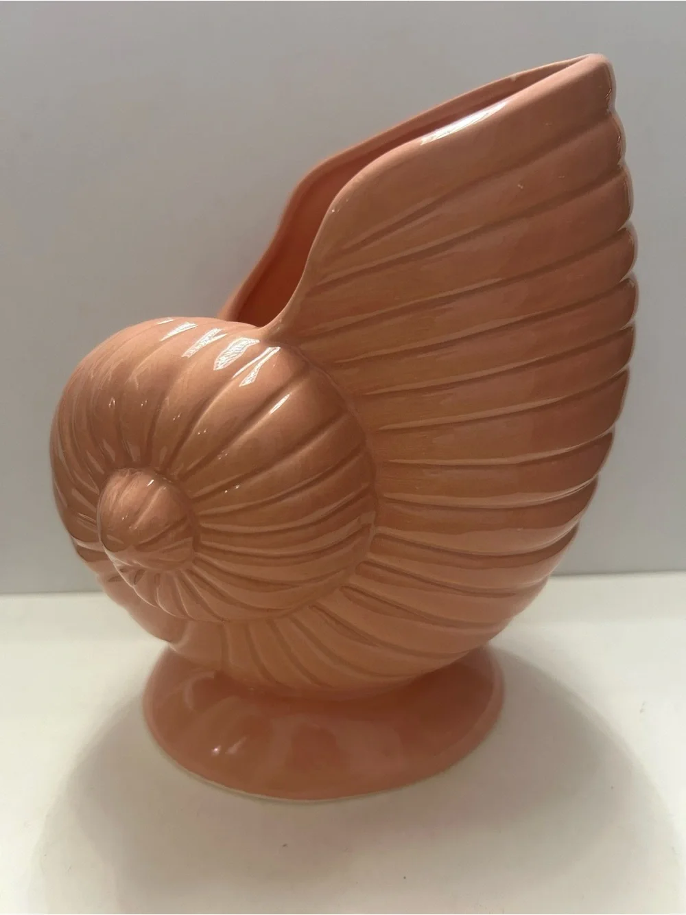Vintage Peach Ceramic Nautilus Shell Planter Vase 6.5” Costal Decor